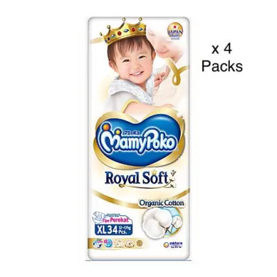 MamyPoko Royal Soft Tape XL 34pcs x 4 Packs Diapers [ORGANIC COTTON]