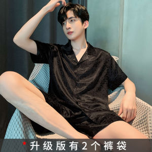 ผู้ชายชุดนอนผ้าไหมน้ําแข็งชุดฤดูร้อนแขนสั้นกางเกงขาสั้นบางส่วนแฟชั่น Wide-Fit เสื้อผ้าเยาวชน