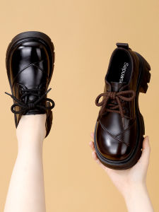 Womens Thick Heel Loafers Spring 2025 New Style Black British Style Rough Heel Heightening Single Shoes Retro Lace-Up Flats