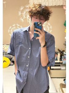 Blue Gingham Shirt Short Sleeve Mens Summer Fancy Pu Shuai Plaid Tops Cleanfit Casual Half Sleeve Shirt