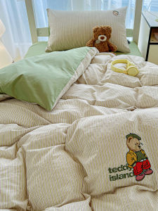 Bộ Đồ Chăn Ga Gối Hình Thêu Gấu Cartoon 100% Cotton
