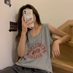 Simple Letter Print Loose Sleeveless T-Shirt Womens Summer Hong Kong Style INS Trendy Vest Top Korean Style Synthetic Fiber