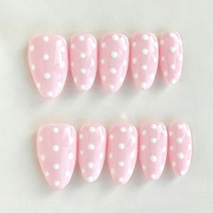 10 Pcs Pure Handmade Nail Art Press-On Fake Nails Almond nailsPink Nails Polka Dot NailsRemovable Best Gift For Ladies
