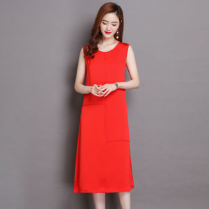 Long Silk No-Sleeve Dress Knee-Length Loose plus Size Vest Dress Summer Inner Silk Base Skirt Korean Style round Neck Gown