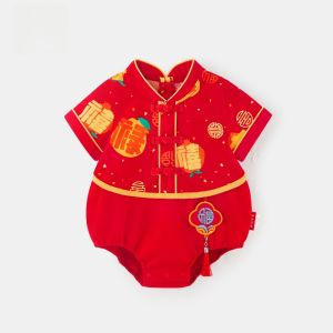 Longevity And Wealth Baby 100 Days Clothes Summer Chinese Style Romper Boys Cheongsam One-Year Old Birthday Ceremony Outfit Cotton Pure