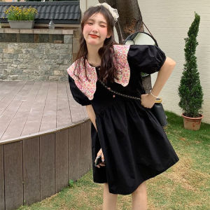 Váy Midi Cổ Búp Bê Mùa Hè Cỡ Lớn 300 Pound Họa Tiết Hoa Ngọt Ngào Váy Chữ a Cạp Cao Tay Ngắn Chất Liệu Polyester