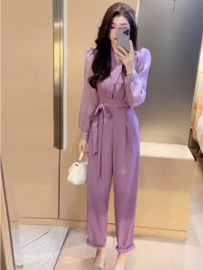 Spring Youthful One-Piece Suit Womens Thin Korean Style Slim Fit Waist Cinched Belted Drapey Pantsuit Fashionable Ensemble