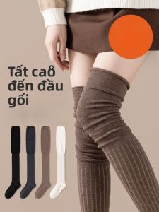 JINGCHI | Tất dài đến đầu gối bằng cotton nguyên chất cho nữ mùa thu đông màu nâu bảo vệ đầu gối dài đến đầu gối đi giày bốt