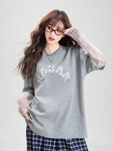 American Style Spicy Girl Lace T-Shirt Womens Summer New Gray Letter Print Top Trendy Loose Fit Casual round Neck Long Sleeve