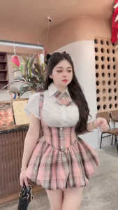 QC_Set tiểu thư đồ nữ xinh set thiết kế 3 món mặc hè áo Lụa phối Yếm Bí Bố Caro ngắn có lót kèm nơ