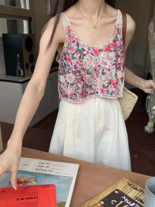 Bohemian U-Neck Short Strap Vest Women Summer Sleeveless Outerwear Beautiful Back Dopaamine Trendy Top Commute Style Single Piece Loose Fit