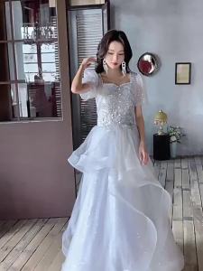 DINNER DRESS New French Grey High-end Banquet Evening Short Sleeve Long Lace Dresses 最新款女士灰色晚礼服蕾丝气质梦幻