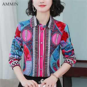 Ammin 2023 mùa thu mới đơn giản ve áo hoài cổ thời trang kiểu pháp vui vẻ in graffiti tay áo dài một hàng khuy đi lại áo voan cỡ rộng phong cách hàn quốc của phụ nữ áo blouse thanh lịch đỏ