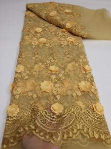 3D Flowers In Golden French Lace Fabric 2024 High Quality Lace Net African Lace Fabric Discoid flower Lace Fabrics For Wedding