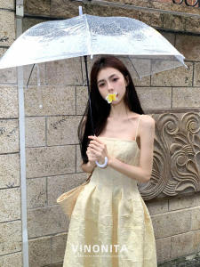 Váy Midi Không Tay Màu Vàng Vinonita Thiết Kế Váy Dài Mùa Hè Cho Nữ Váy Dài Đến Giữa Bắp Chân Phong Cách Pháp Mùa Hè 2024