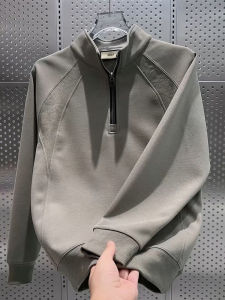 Khaki New Sport Casual Half Zipper Stand Collar Sweatshirt Men Long Sleeve T-Shirt Pure Color Versatile Top Polyester Fiber
