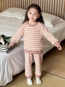 Thickened Fleece Pajamas Set Striped Warm Home Clothes for Baby Girls Autumn Winter Style Childrens Clothing Set Baby Suit
