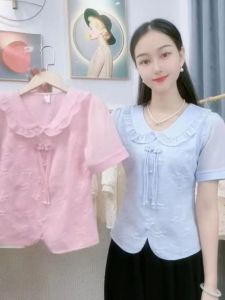 Retro Short Sleeve Embroidered Chiffon Top Womens Slim Fit Summer Fashion Meat Concealing Chinese Style Button up Blouse