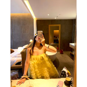 Yellow Lace Halter Dress Elegant Spring Summer New Design Sensation Sleeveless Gown for Petite Women Telegant Style Dress