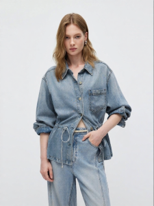 ONLY | Retro Washed Rope Hem Design Collared Denim Jacket