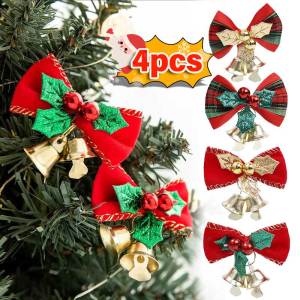YESPERY โบว์ติดผมพร้อมกระดิ่งต้นคริสต์มาส4ชิ้นสำหรับตกแต่งงานเลี้ยงคริสต์มาส
