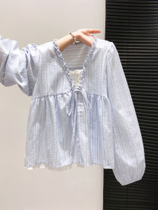 LUOSHAO | Floral Lace V-Neck Tied Blouse Womens Casual Loose Long Sleeve