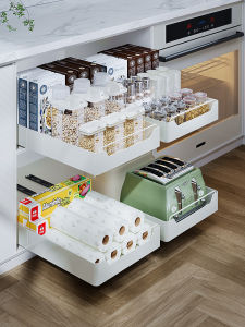 Kitchen Cabinet Pull out Drawer Style Storage Box Organizer Deep Cabinet Dishware Plateware Rack Metal Material Cream Style