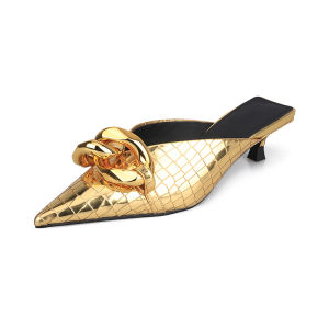 Womens Fashionable Sandals Summer Outdoor Wear Metal Embellished Cat Heel Mule Slip-On Shoes PU Leather Roman Style