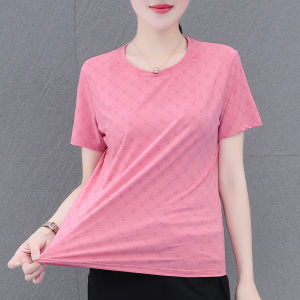 Ice Silk Quick Dry Short Sleeve T-Shirt Womens Summer New plus Size Womens Mesh Breathable Cool Feeling Top Korean Style Casual round Neck