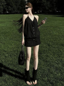PEIZIXUAN | Stylish French Style Black Halter Neck Mini Dress