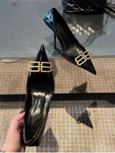 Black Patent Leather Pointed Toe High Heels Womens Fashionable Versatile Autumn Winter Low Cut French Style Single Shoes