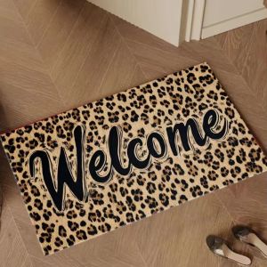 VIKAMA Leopard Print Doormat Flannel Non Slip Entrance Floor Mat Soft Washable Glitter Welcome Pattern Entryway Rug Luxury Decor