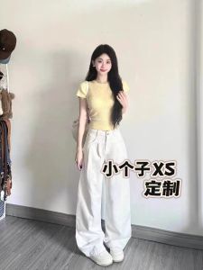 American Style Retro Loose Leggings Womens High Waist Pear Shape Slimming Wide Leg Floor-Length Jeans White Color