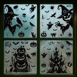 Halloween Window Stickers Black Witch Haunted House Pumpkin Ghost Bat Static Stickers Halloween Decoration for Home Festive