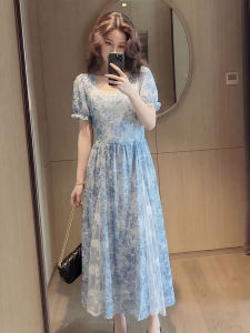 YIKEMAI | Large Size French Puff Sleeve A-Line Blue Dress