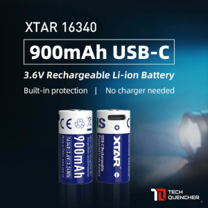 XTAR 16340 900mAh Protected Battery - USB-C Rechargeable 3.6v Lithium Battery -2.7A Max Discharge