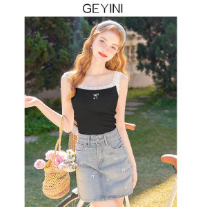 เสื้อชั้นในลูกไม้ลายผีเสื้อสั้นสีขาวสำหรับผู้หญิง ฤดูใบไม้ผลิและฤดูใบไม้ร่วง เสื้อกั๊กสายเดี่ยวแบบลำลอง ผ้าฝ้ายผสมโพลีเอสเตอร์