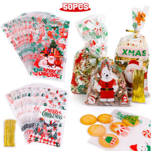 50/100pcs Merry Christmas Candy Bags Santa Claus Snack Nuts Cookie Gift Packing Plastic Bag 14x10cm Xmas New Year Favor 2024