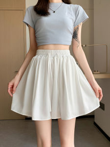 White Draped Chiffon Wide Leg Short Pants Womens Summer Thin Casual Loose Sweet Spicy Small Pants Skirt Womens High Waist Short Length Polyester Fiber