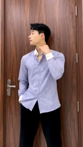 [SM GẤP HỘP]Áo sơ mi nam kẻ sọc DVMEN công sở phối cổ trắng vải cotton lụa bamboo co giãn chống nhăn