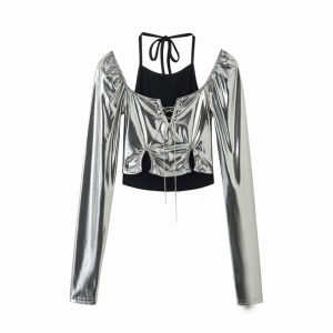 New Womens Jazz Hip Hop Dance Costume Long Sleeve Bright Silver Performance Street Dance Outfit Group Wear Chinese Manufacturer