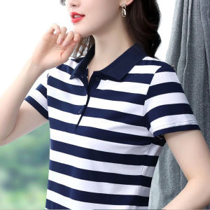 QIAOXIZI | Áo Thun Tay Ngắn Sọc Cổ Trụ Form Rộng Giảm Cân Size Lớn Phong Cách Dễ Thương Mùa Hè