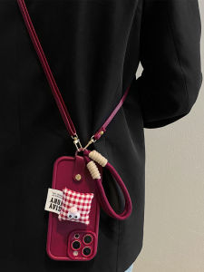 Apple 17Pro 16Promax 15Promax 14 13 12 11/XS Silicone Protective Case with Stand And Lanyard Creative Cartoon Style Wine Red Plaid Emotion Design