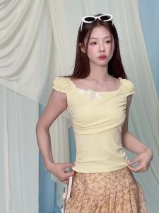 YIKEXIAOYEMEI | Áo Thun Cổ Vuông Tay Ngắn Slim Fit