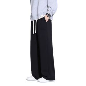Mens Loose Fit Straight Leg Cotton Fleece Lined Sports Casual Trousers Spring Autumn Trendy Brand Comfortable Long Pants