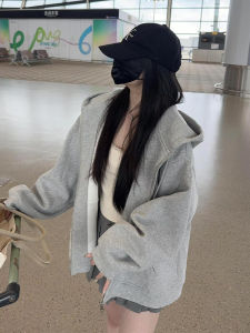 Gray Hooded Sweatshirt Female Fall and Winter Fleece-lined 2024 New Arrival Best Selling Outwear Cardigan Small Loose Chic Tops