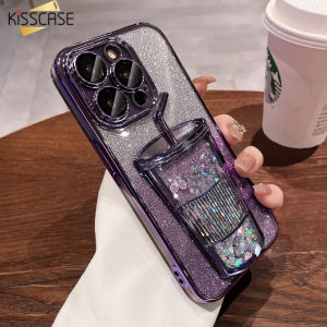 【With Lens Film】KISSCASE Liquid Quicksand Bling Gradient Glitter Drink Cup Electroplate Transparent Suitable For iPhone15 14ProMax Case Sequins Tea Milk Cup HD Clear Transparent Protective Soft TPU Back Cover For Apple15 Pro Max 14 Plus 13 12 11
