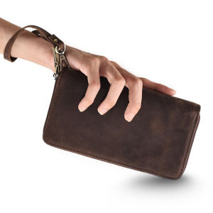 MISTLETOE Functional Vintage Cow Genuine Leather Phone Clutch Bag Large Capacity Dual Zipper Long Wallet for Men Business Travel