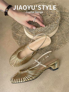 JIAOYU | Leather Roman Sandals Womens New Summer Thick Heel Braided Hollow