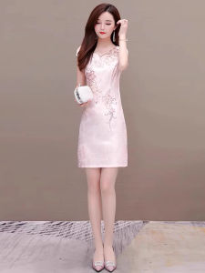 MAIMEI | Elegant Young Womens Reformed Cheongsam Dress Summer High Waist A-Line Skirt Short Sleeve Embroidered Wedding Guest Dress